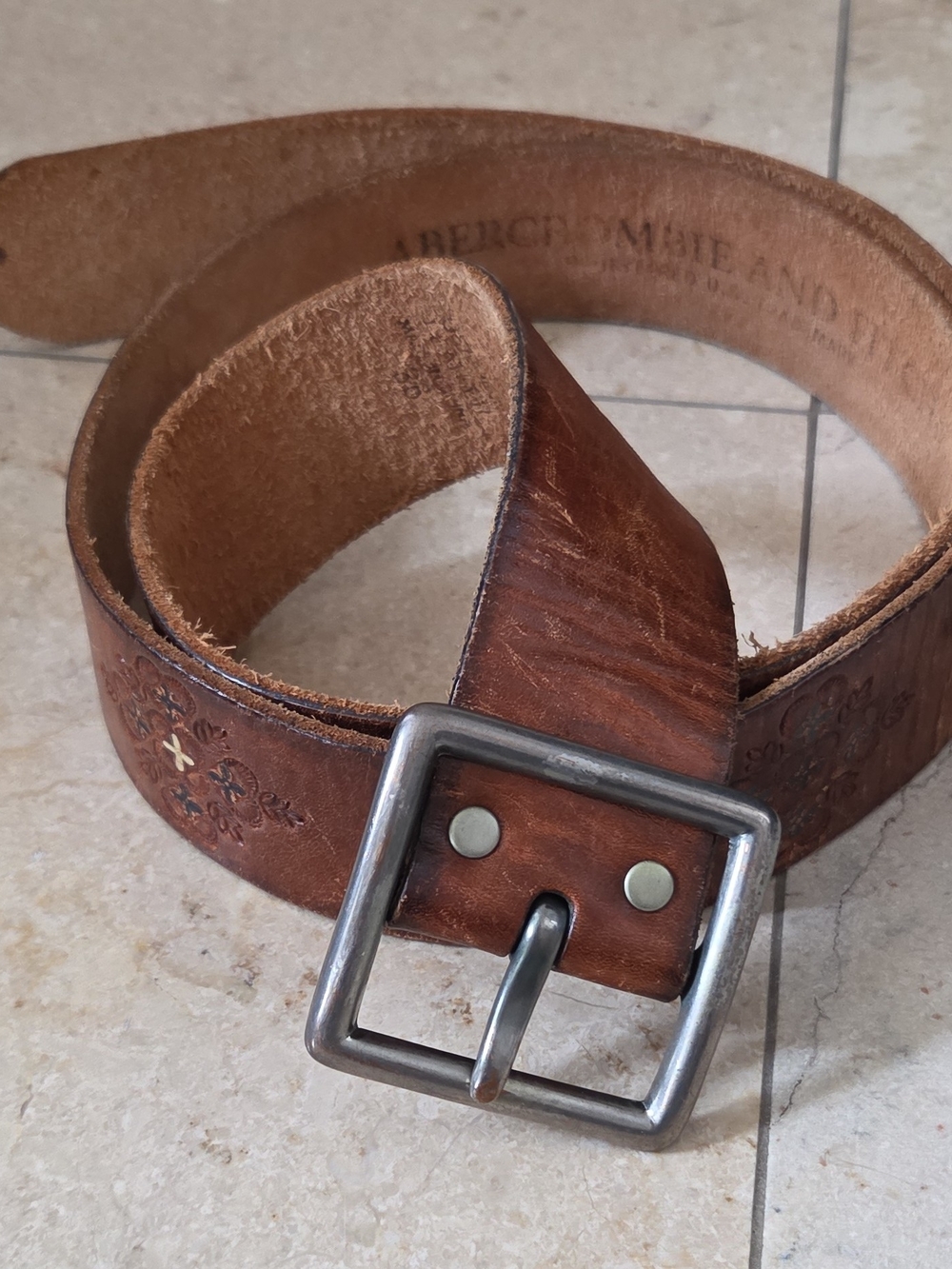 Vtg Abercrombie & Fitch Men's Brown 36 Dress Belt Embroidered Brass Buckle